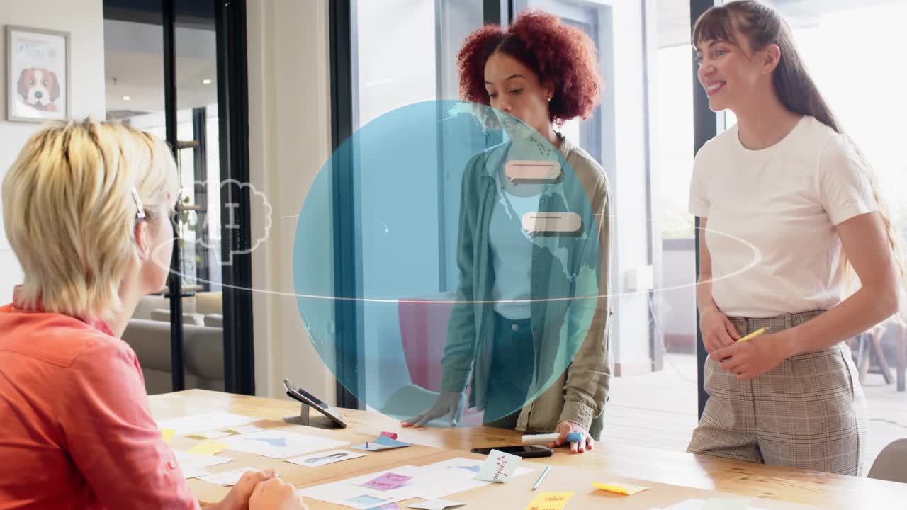 Right woman tapping sticky notes, center woman arranging plans, globe with chat icons aiding design
