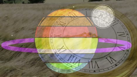 animation of multicoloured planet saturn, field over clock ticking