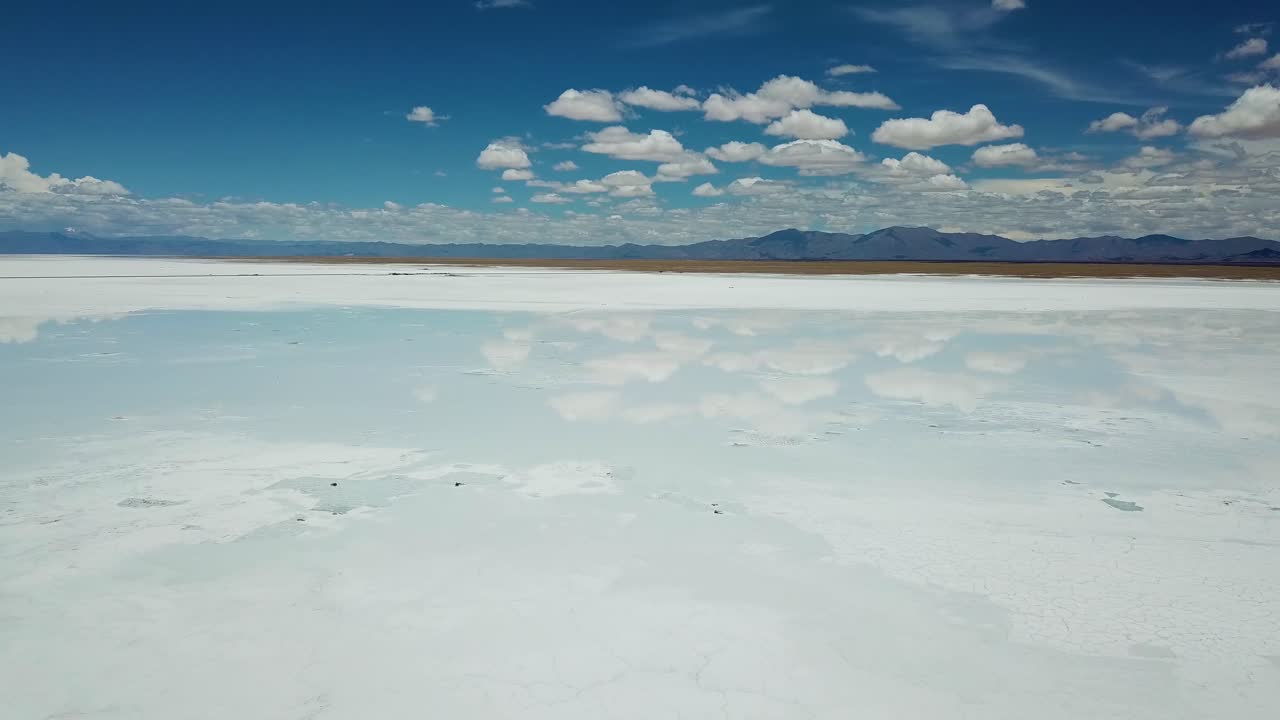 Salt Flat Under Blue Sky, Aerial View of Water Mirror Reflection and Endless Majestic Skyline