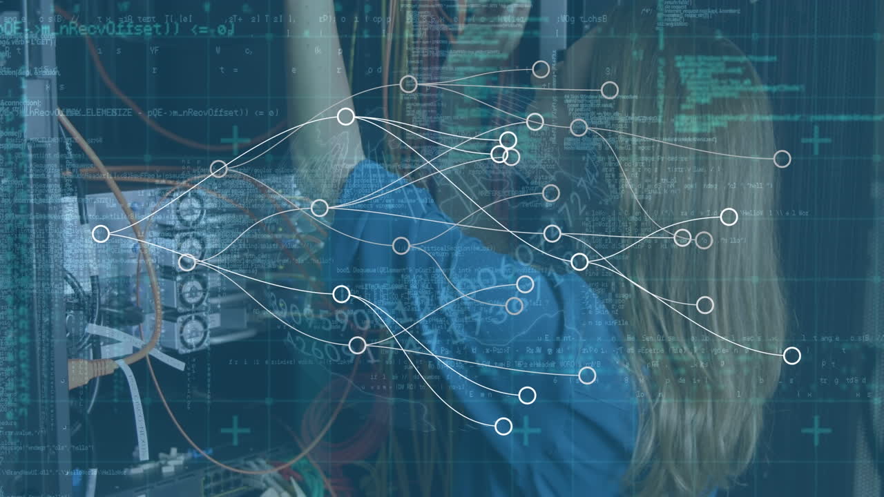 animación de datos y conexiones a través de servidores de comprobación de mujeres caucásicas