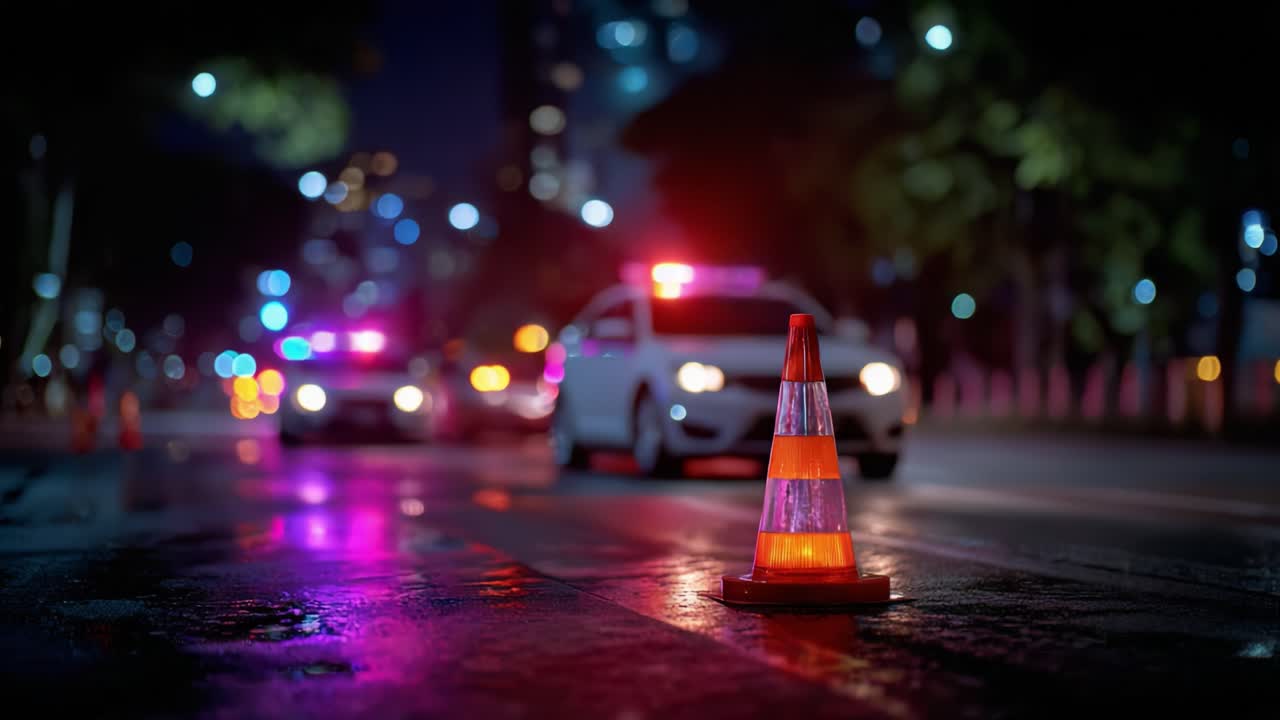 Nighttime Scene with Police Vehicles and Traffic Cone on Rainy Road Reflecting Colorful Lights in Urban Environment