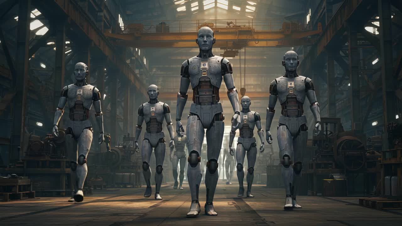 A Group of Advanced Robots Marching in Unison Through an Industrial Warehouse, Showcasing Innovative Design and Future Technology in a Dark, Atmospheric Setting