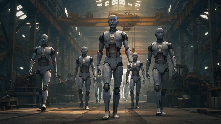 A Group of Advanced Robots Marching in Unison Through an Industrial Warehouse, Showcasing Innovative Design and Future Technology in a Dark, Atmospheric Setting
