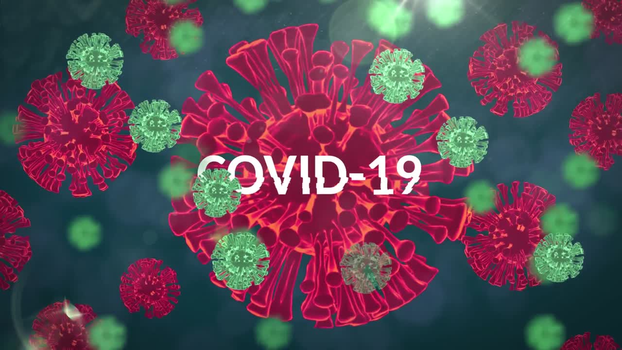 파란색 배경에 떠다니는 거시 세포 위에 코로나19라는 단어의 애니메이션