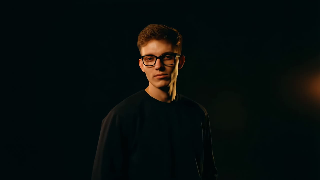 Ritratto di un giovane uomo con gli occhiali in uno studio buio