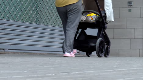 woman pushing baby stroller on city street