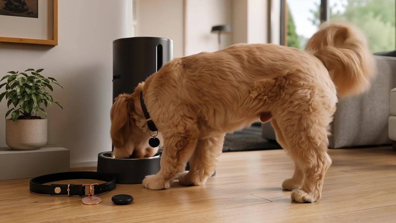 Fluffy brun hund som hviler på et tregulv ved siden av en moderne automatisk fôrautomat for kjæledyr.