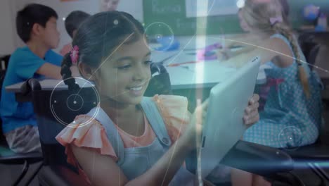 animation of network of connections over schoolgirl using tablet