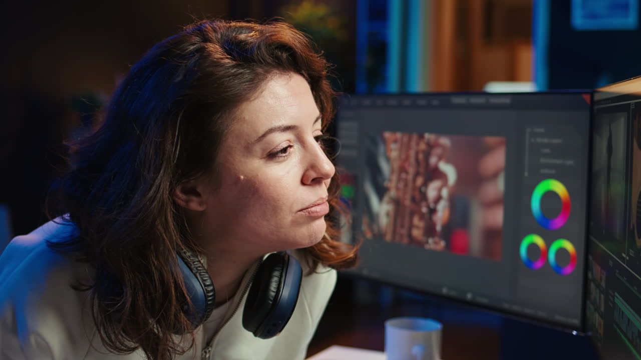 Happy videographer creating visual effects for video projects, proud of results