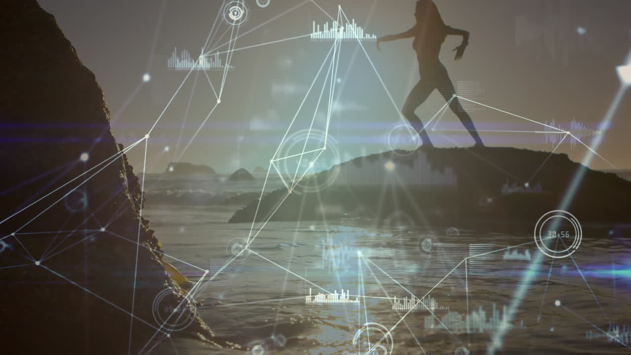 анимация обработки данных и сетей связей над кавказской женщиной, практикующей йогу