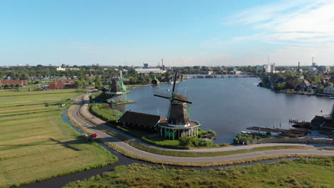 Aerial-Windmills-at-the-Zaanse-Schans,-Amsterdam,-Netherlands