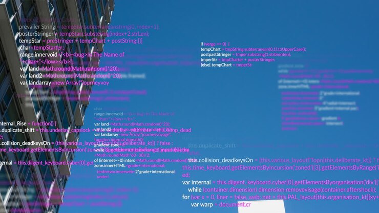 Animation of data processing over tall buildings against blue sky