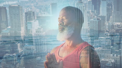 animation of senior african american man practicing yoga at beach over cityscape