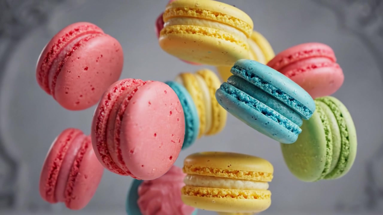 A Colorful Array of Delicious Macarons in Mid-Air Captured in Frames Featuring Various Flavors, Showcasing Their Vibrant Colors and Unique Textures