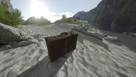 a suitcase sitting on a sandy beach with mountains in the background