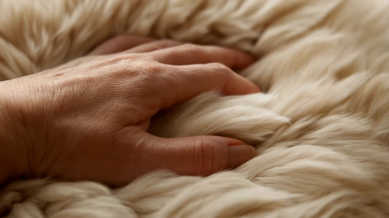Pressing single adult hand flattening cream sheepskin on bed, pinching, stroking, lifting fibers