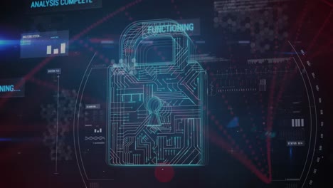 animation of padlock with circuit board pattern and bar graph with red abstract pattern