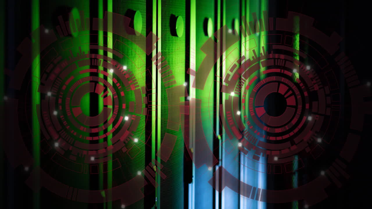 Animazione di due scanner rotondi rossi che ruotano su sala server di computer