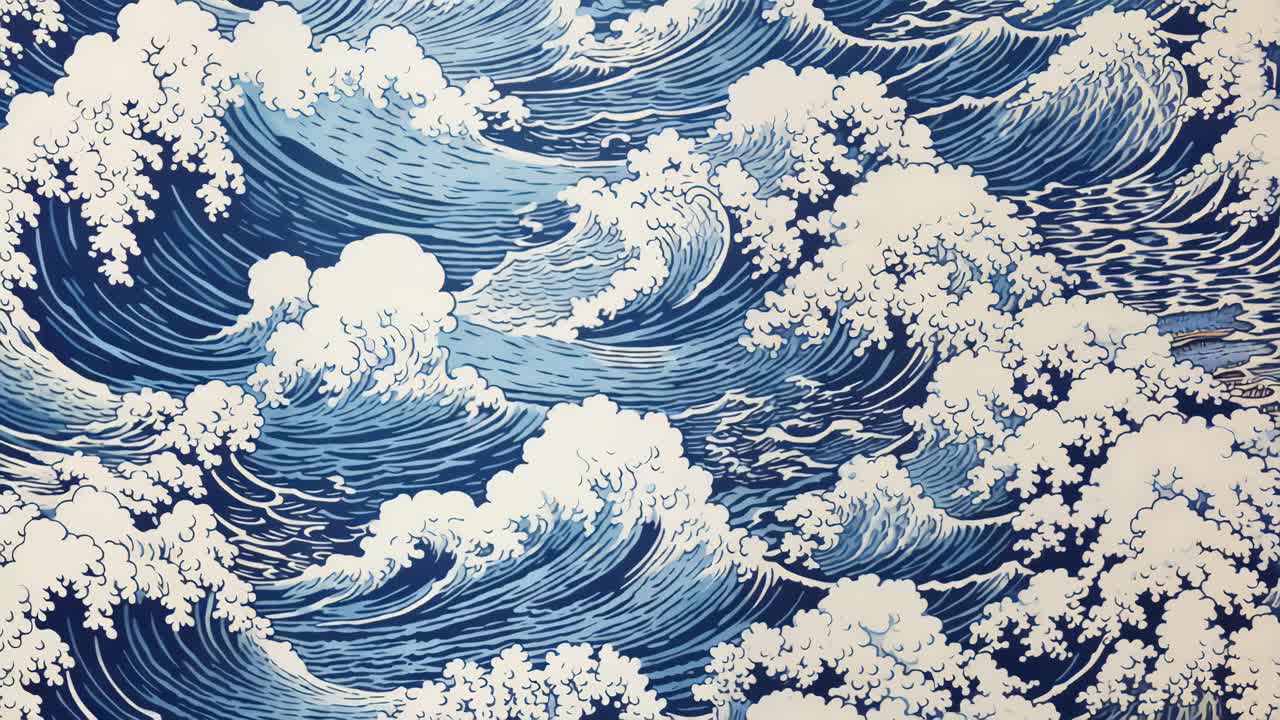 Vue aérienne de vagues stylisées dans un style artistique japonais, rappelant les estampes classiques sur bois
