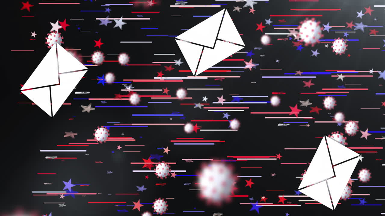 다수의 봉투 아이콘과 코로나19 세포가 검은색 배경의 빛의 흔적과 별에 대해 움직입니다.