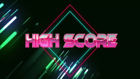 animation with neon geometric shapes and dynamic light streaks displaying high score