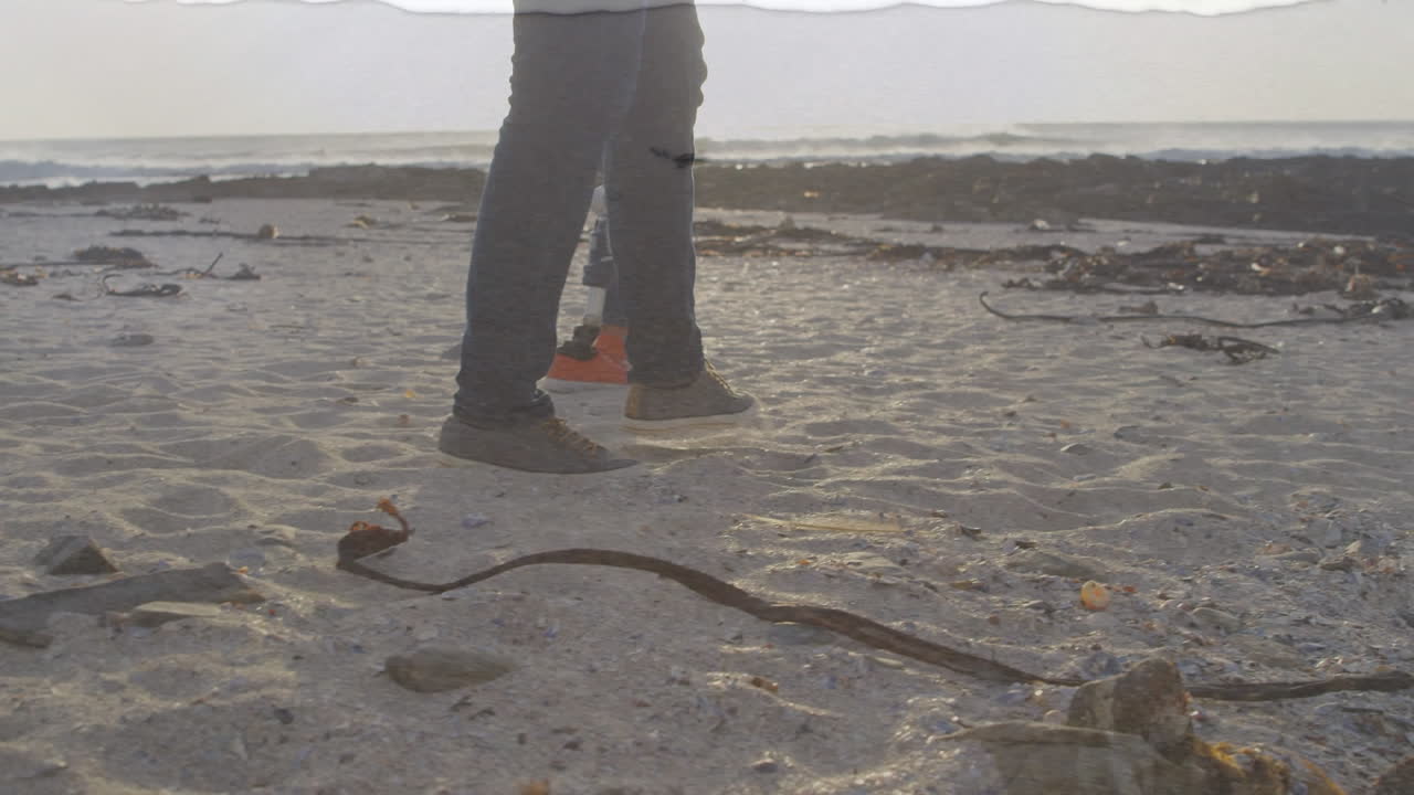 아프리카계 미국인 남성과 인공 다리를 가진 장애인 여성 위의 바다 풍경 애니메이션