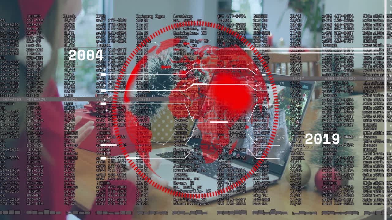 Red digital globe and data processing animation over office desk with computers