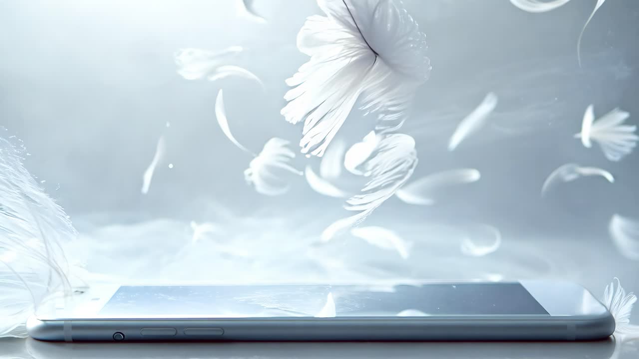 A white phone with a pile of white feathers surrounding it. The feathers are scattered all over the phone, creating a sense of chaos and disarray. The scene evokes a feeling of messiness and disorder