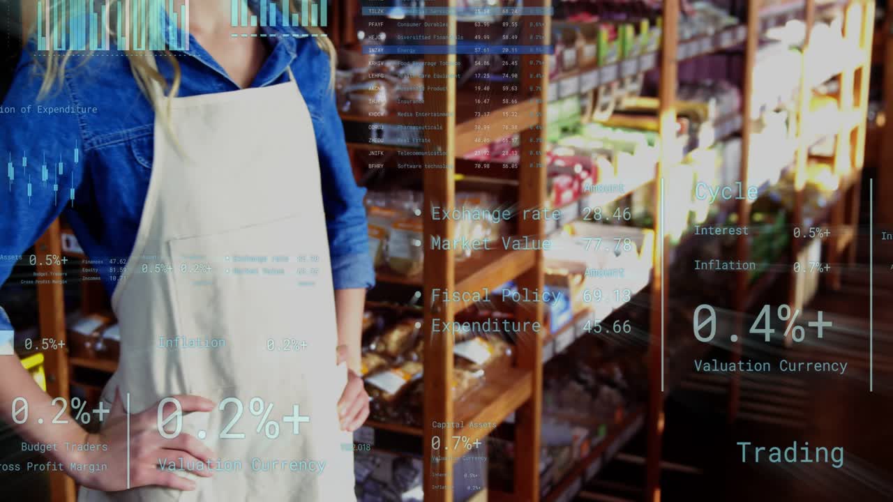 Grocery owner shifting pose while camera closing in, initiating HUD highlighting blue-green product