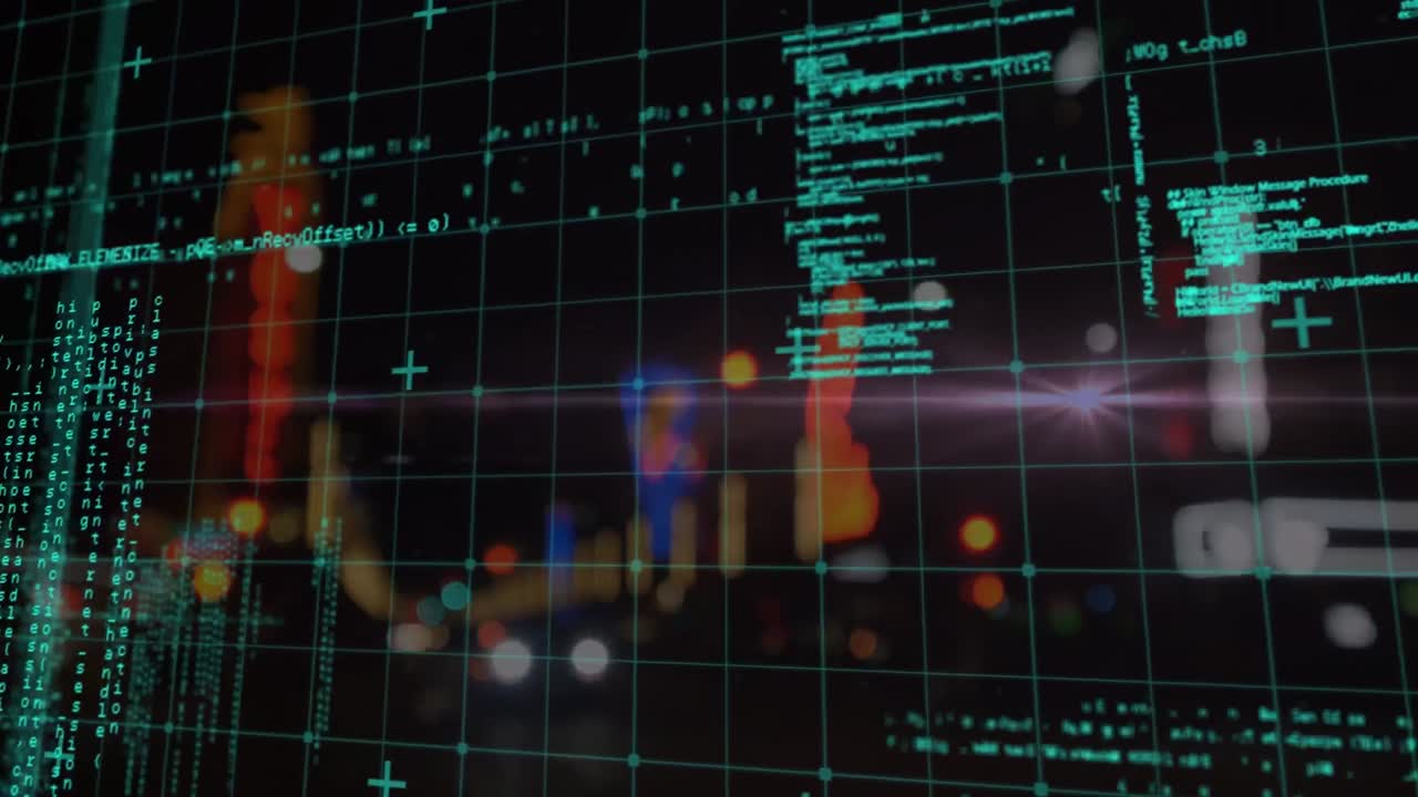Animation of data processing over blurred city road traffic