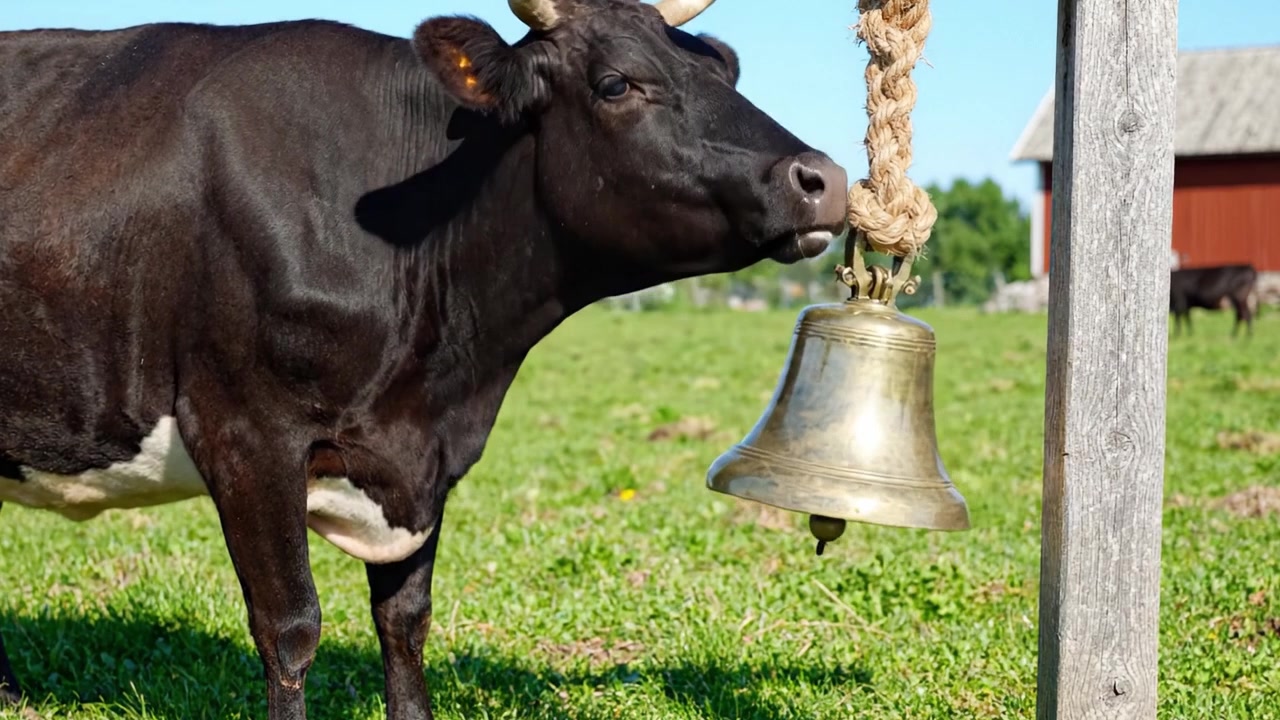 Une vache curieuse dans un pâturage serein examine une cloche suspendue : un aperçu captivant de la vie à la ferme et du lien entre les animaux et leur environnement