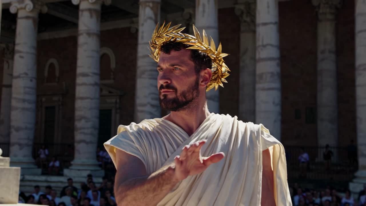 A man in ancient Roman attire with a laurel crown gestures in a dramatic scene