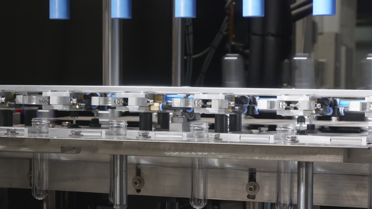 las preformas de mascotas están siendo volteadas por un equipo robótico en un proceso de moldeo por inyección