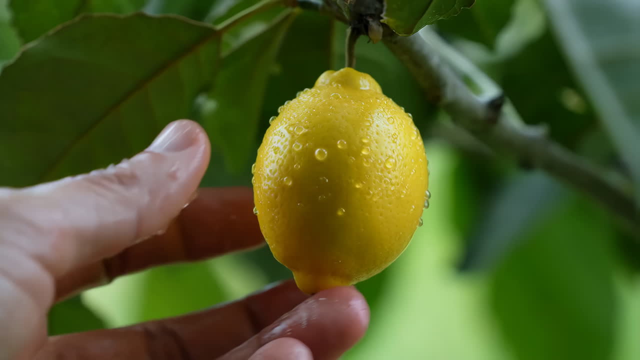 Hand holding a fresh lemon with water droplets