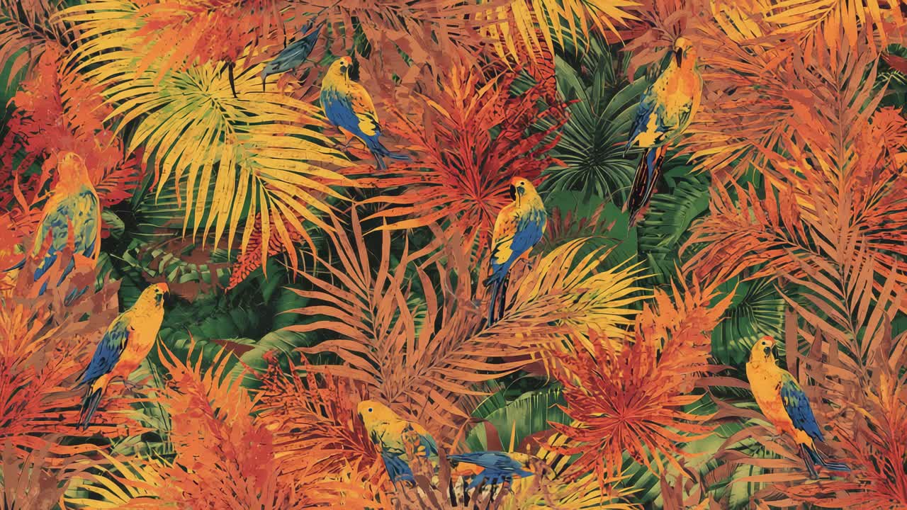 Igniting bright orange-yellow flames consuming tropical wallpaper, obscuring perched parrots