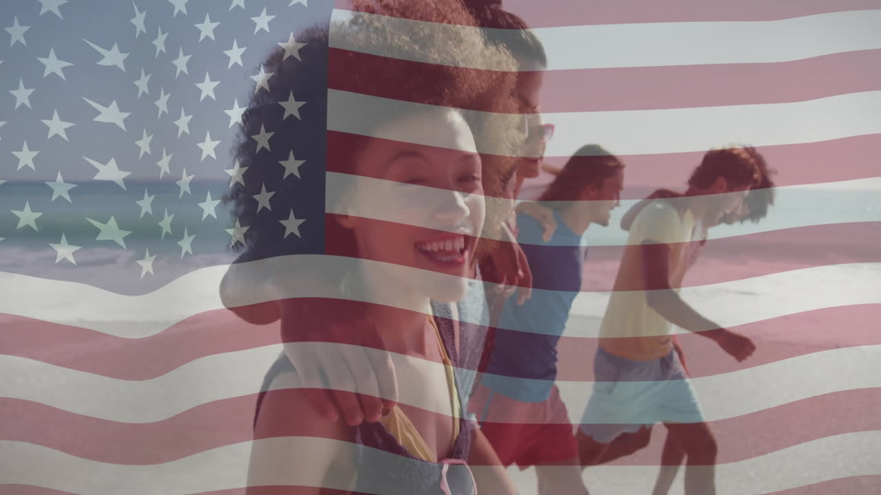 Walking on beach, group of friends with American flag animation overlay