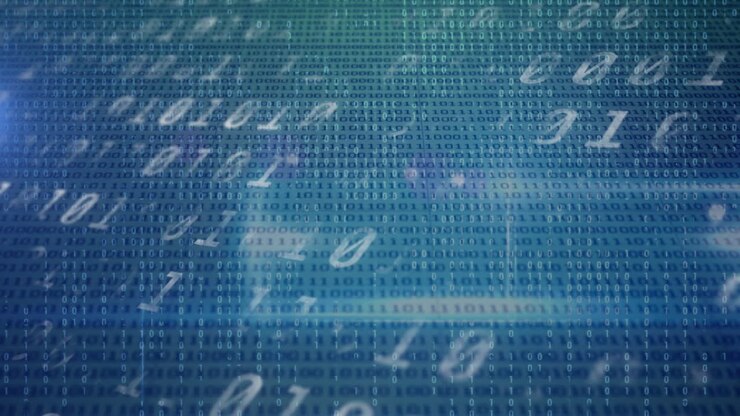 Animation of binary coding data processing on blue background