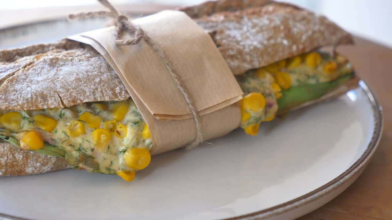 Gourmet Baguette Sandwich with Corn and Creamy Herb Filling