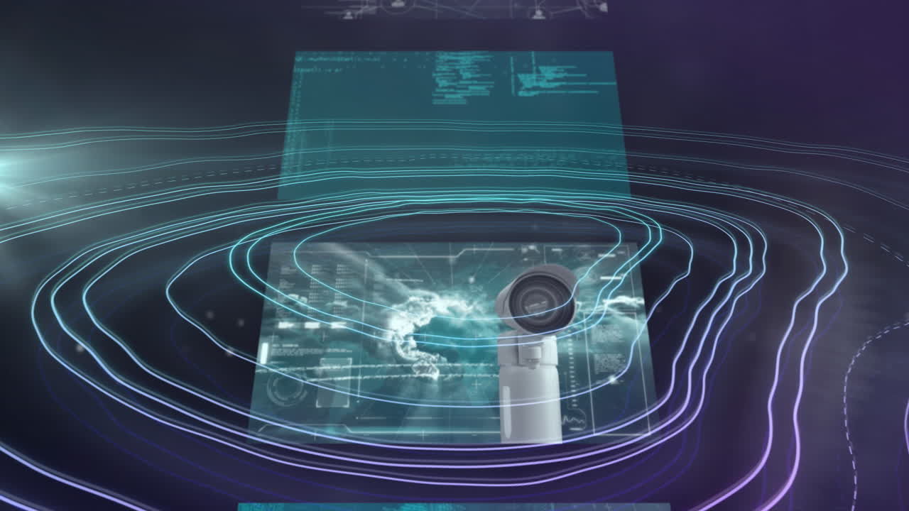 animación de la cámara de cctv y procesamiento de datos sobre el fondo de líneas de mapa blancas.