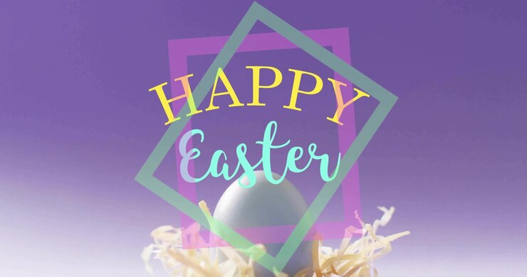 Rising pastel egg nesting in straw on purple gradient, rotating mint magenta frames, HAPPY Easter