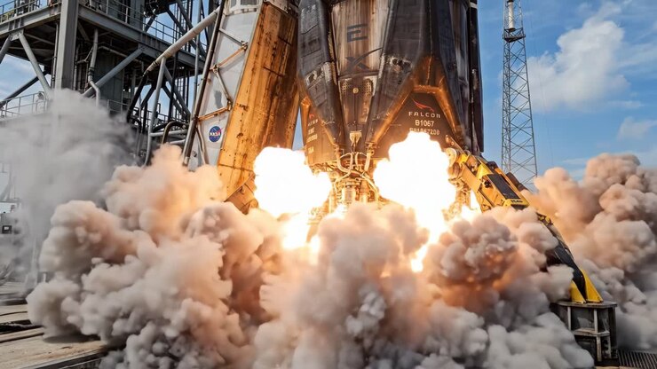SpaceX Falcon Rocket Engines Igniting on Launchpad