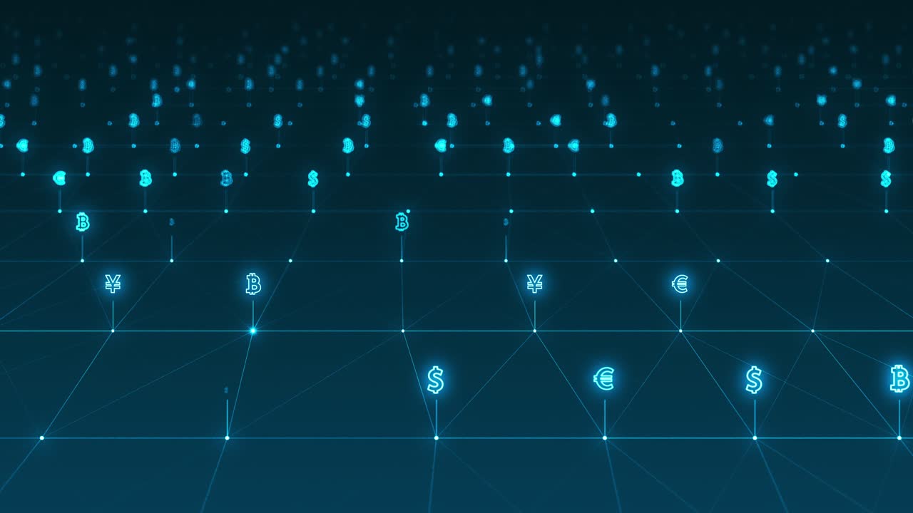 Motion graphic of Blue digital money icon and line linked network connection futuristic technology abstract background concept camera zoom seamless loop video