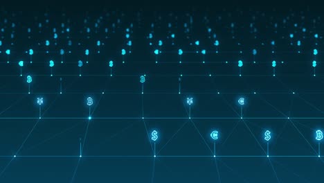 motion graphic of blue digital money icon and line linked network connection futuristic technology abstract background concept camera zoom seamless loop video