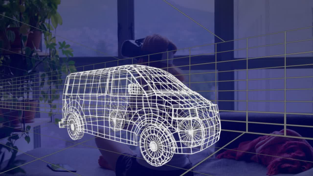 집에서 vr 헤드 ⁇ 을 착용한 여성의 3d 기술 도면의 애니메이션