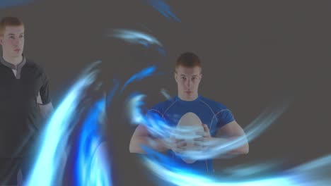 animation of blue digital waves over two caucasian male rugby players against grey background