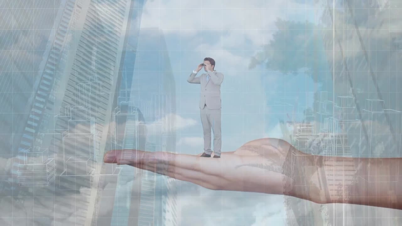 오피스 빌딩 위에 백인 여성의 손에 백인 사업가의 애니메이션