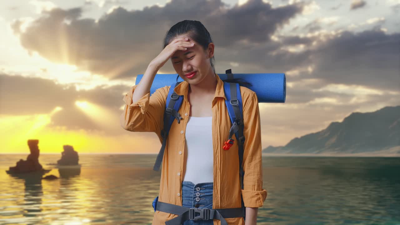 Escursionista asiatica con zaino da alpinismo che ha mal di testa mentre si trova in spiaggia durante il tramonto