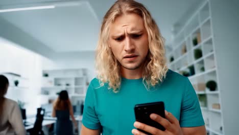 young blond guy with long wavy hair worriedly checking his cell phone in the office.