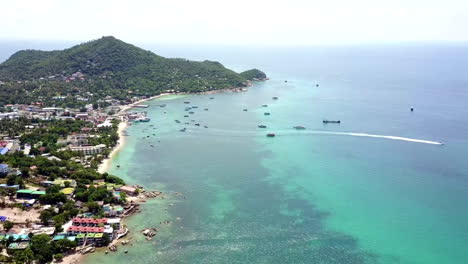 shoreline aerial view. tropical island overgrown by rainforest. beach with white sand. camera moves in front direction. koh tao. thailand