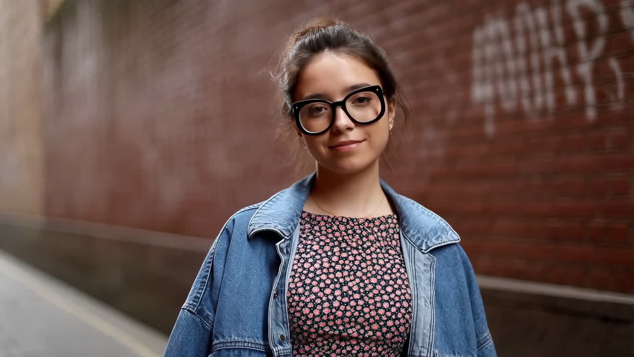 Jovem mulher com óculos sorrindo em beco urbano